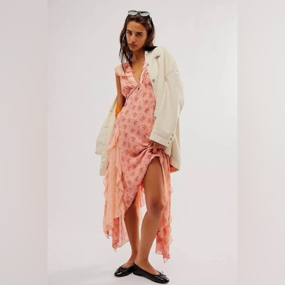 🍑FREE PEOPLE Joaquin Ruffle Plunge Dress ~NEW~ Peach Combo 🍑~HARD TO FIND~Large - Picture 11 of 11